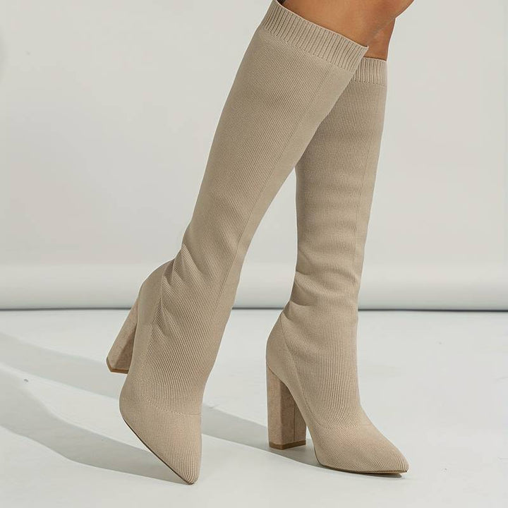 Knit Knee High Boots for Women - Pointed Toe Block Heel