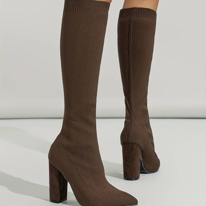 Knit Knee High Boots for Women - Pointed Toe Block Heel
