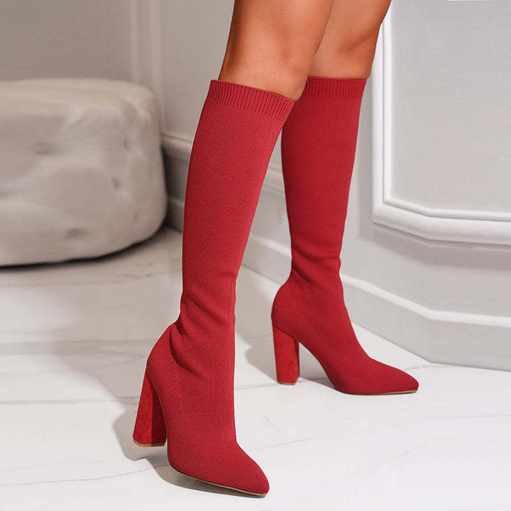 Knit Knee High Boots for Women - Pointed Toe Block Heel