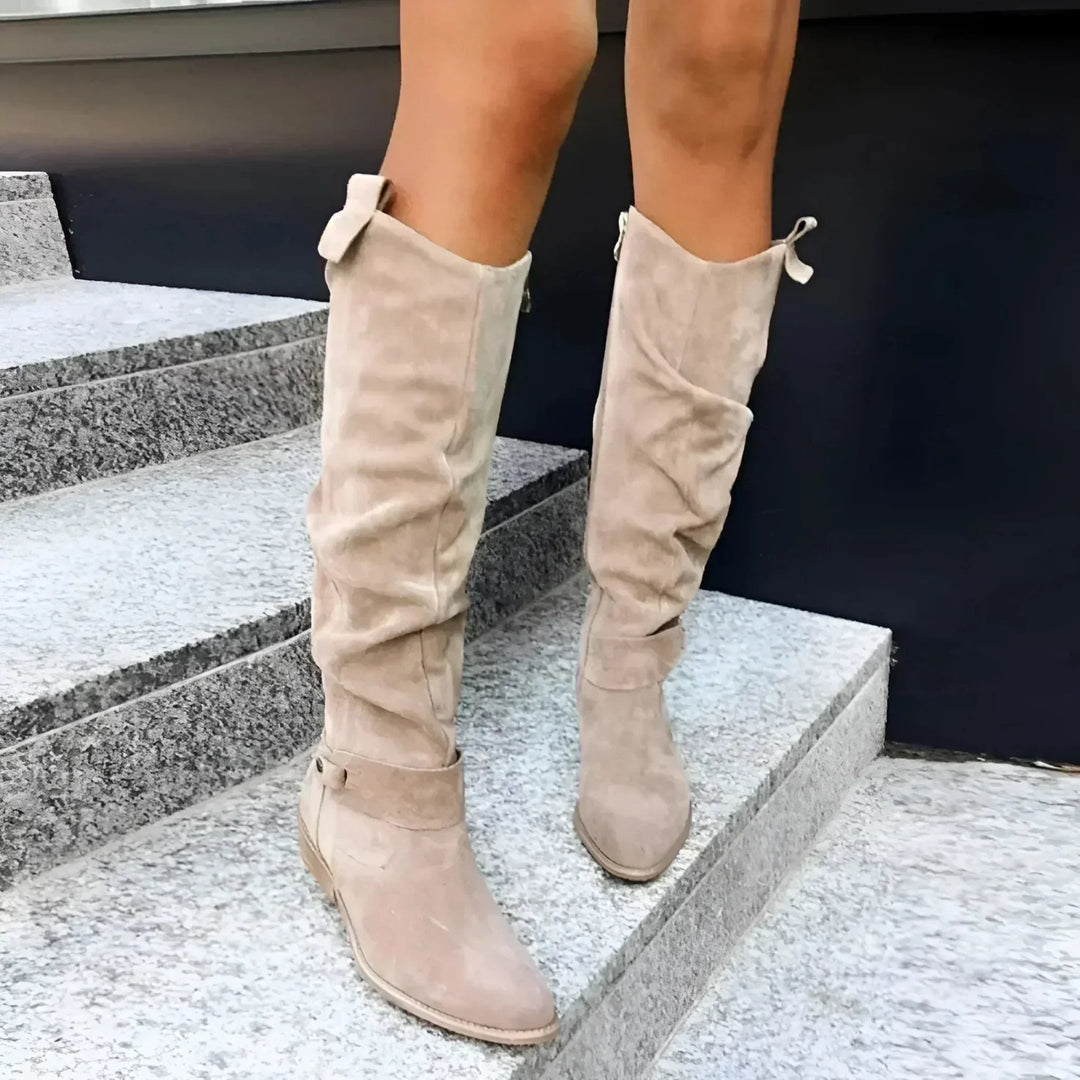 Suede Knee High Boots for Women with Block Heel and Slouch Detail