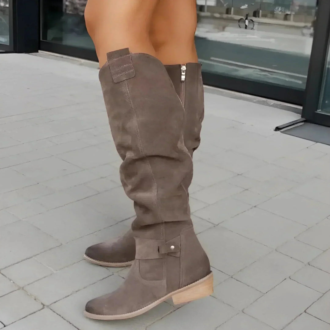 Suede Knee High Boots for Women with Block Heel and Slouch Detail