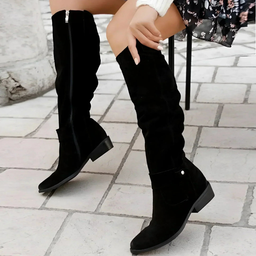 Suede Knee High Boots for Women with Block Heel and Slouch Detail