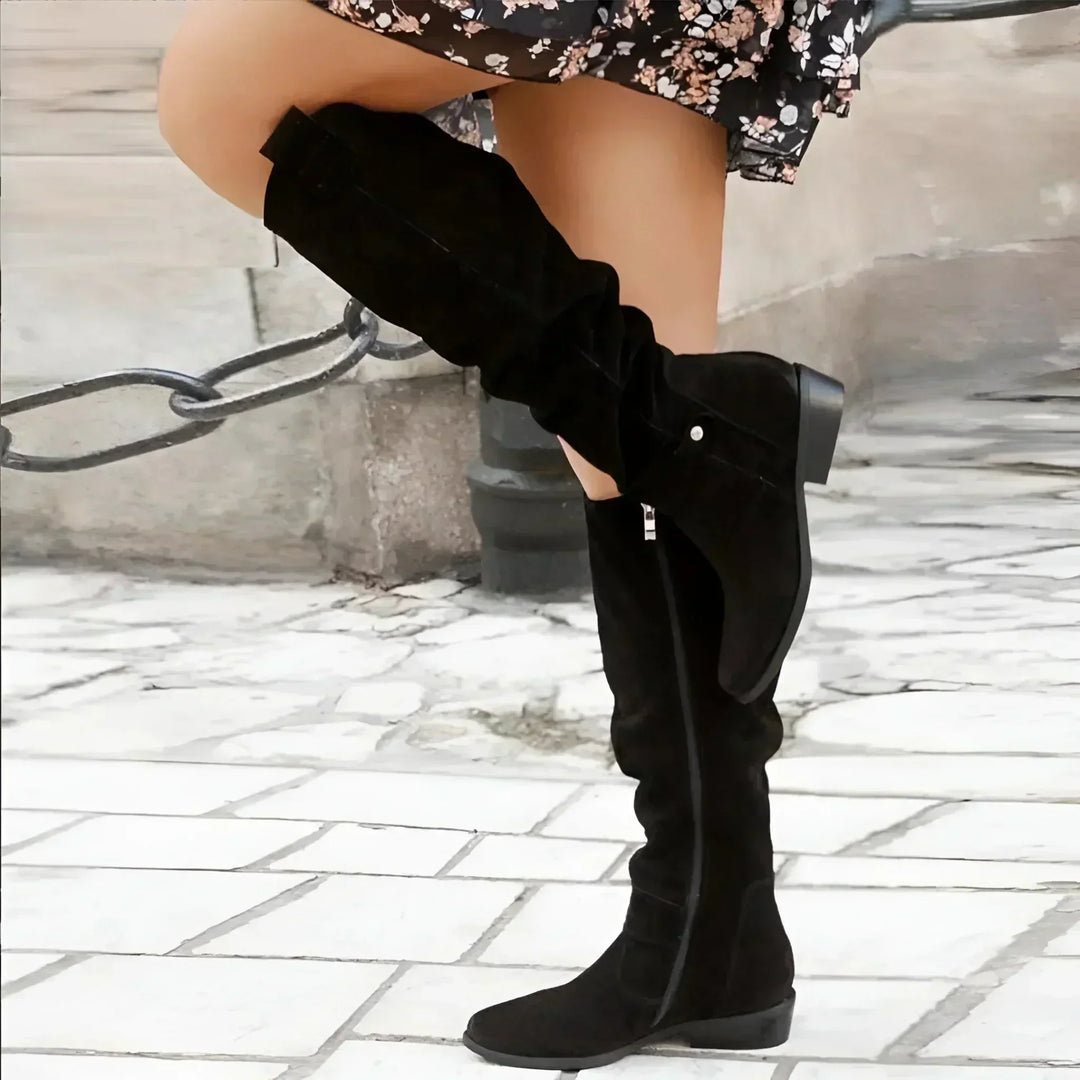 Suede Knee High Boots for Women with Block Heel and Slouch Detail