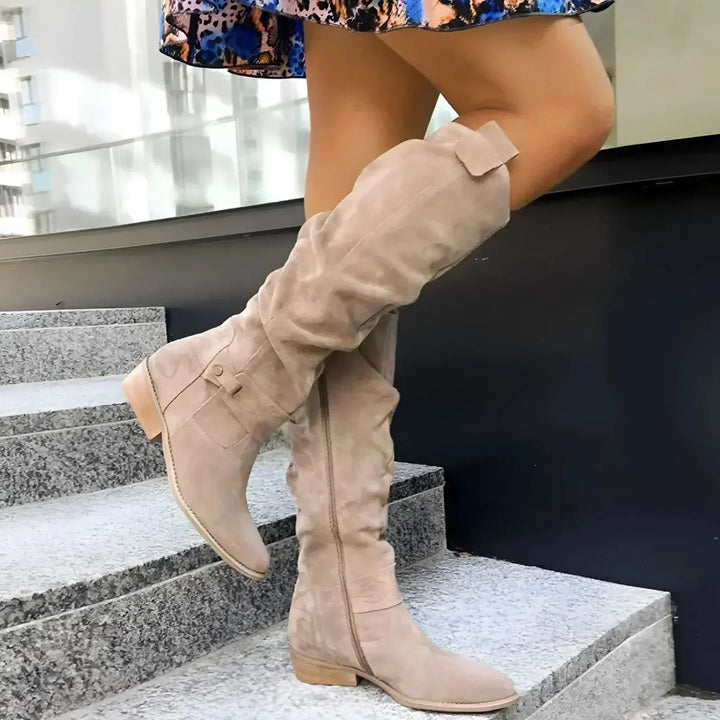 Suede Knee High Boots for Women with Block Heel and Slouch Detail