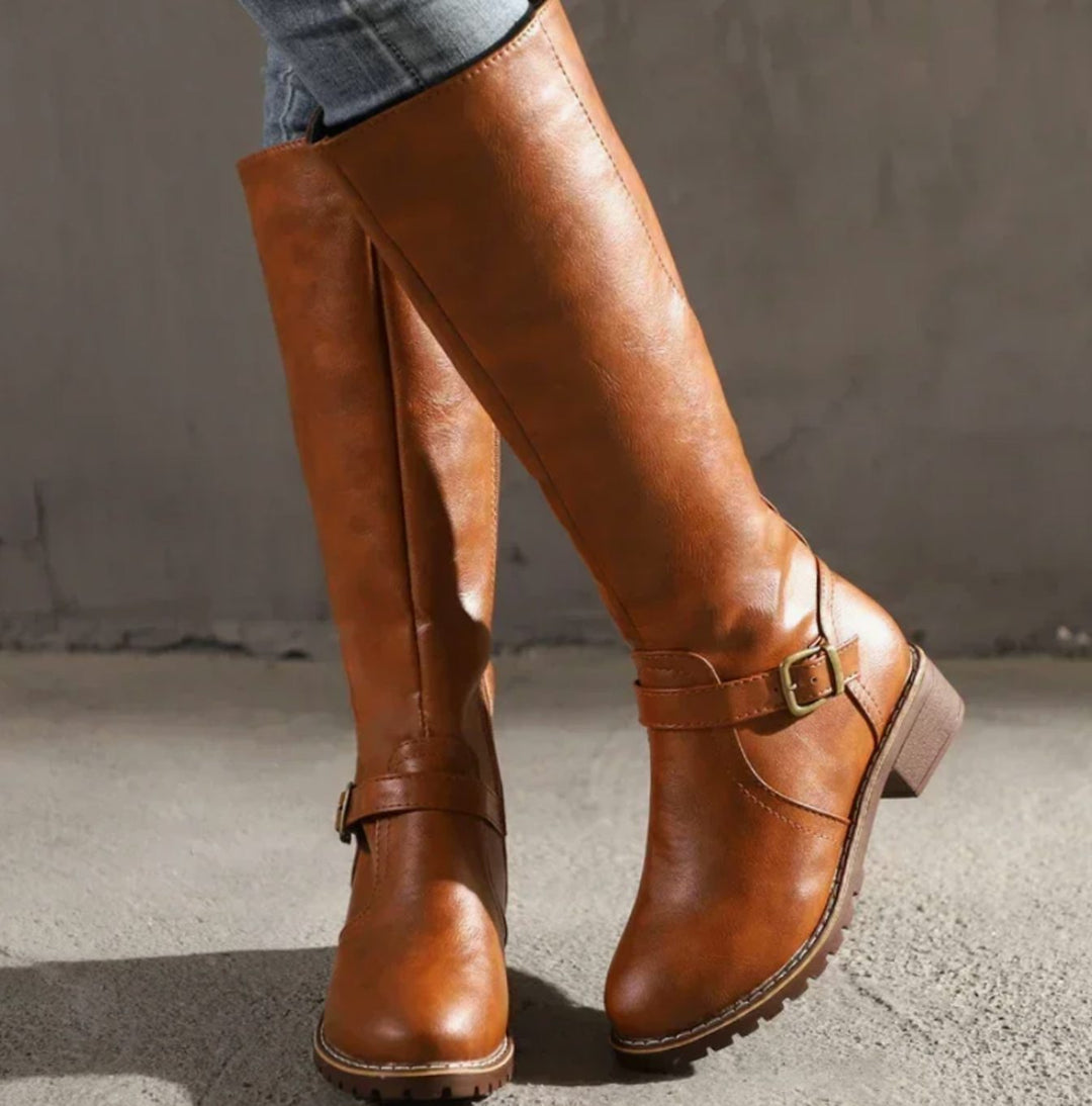 Knee High Riding Boots for Women in Brown with Buckle Detail
