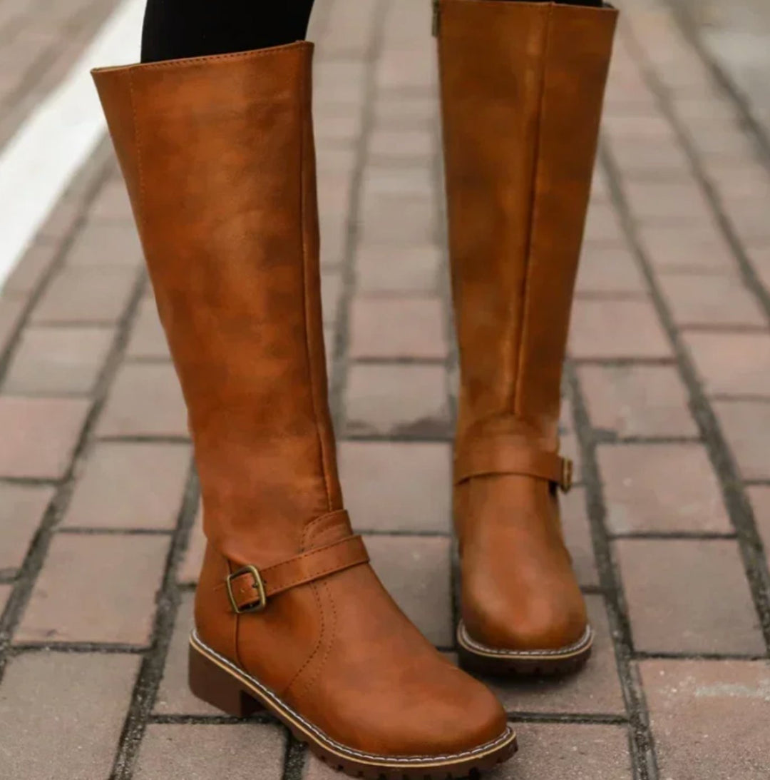Knee High Riding Boots for Women in Brown with Buckle Detail