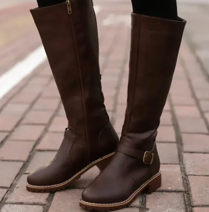 Knee High Riding Boots for Women in Brown with Buckle Detail