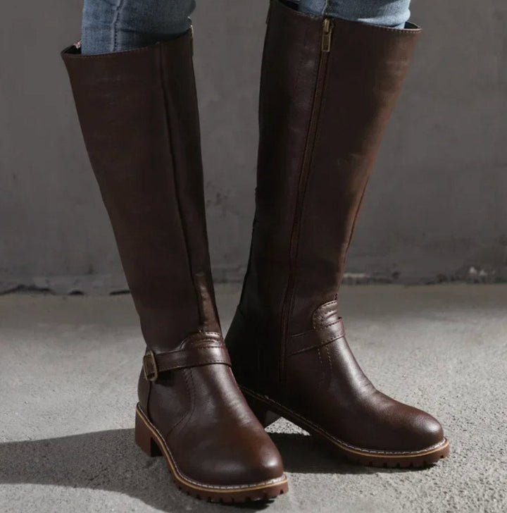 Knee High Riding Boots for Women in Brown with Buckle Detail