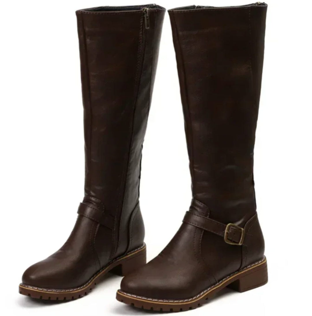 Knee High Riding Boots for Women in Brown with Buckle Detail