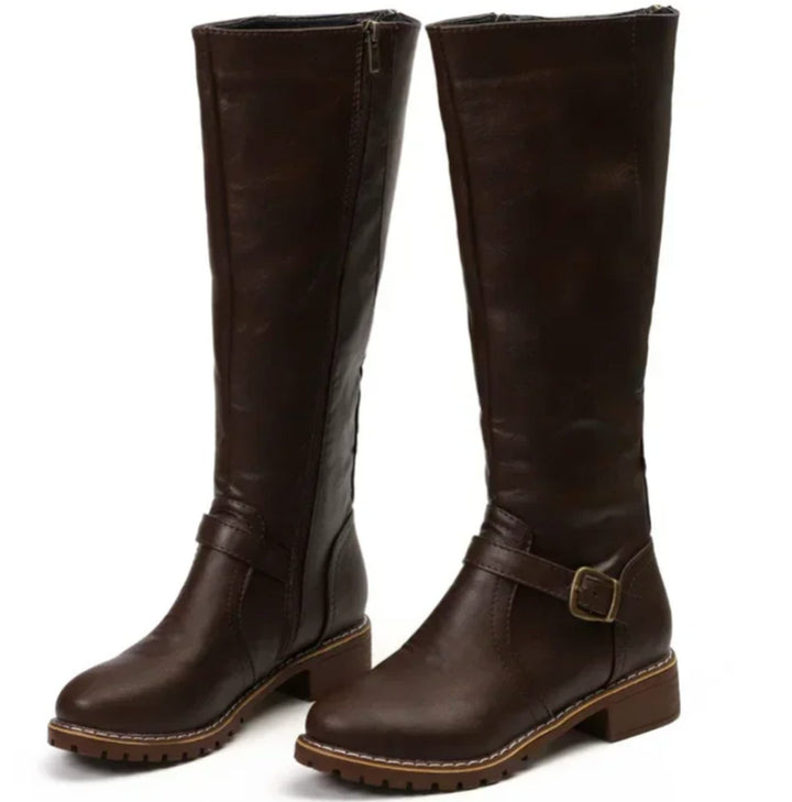 Knee High Riding Boots for Women in Brown with Buckle Detail