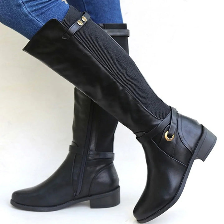 Knee High Boots for Women with Block Heel and Ruched Ankle Strap