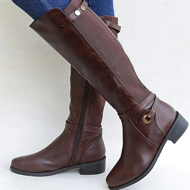 Knee High Boots for Women with Block Heel and Ruched Ankle Strap