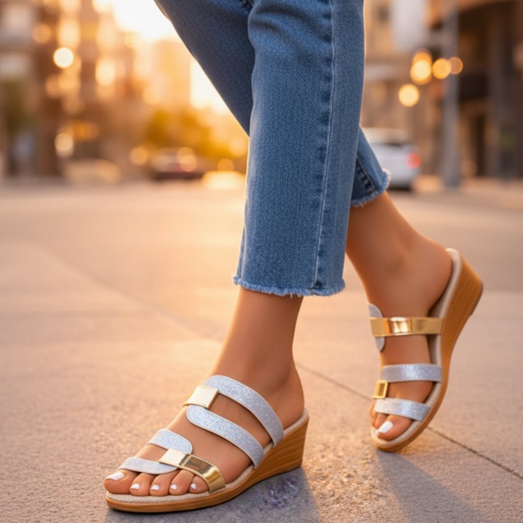 Metallic Wedge Sandals for Women - Platform Slip On Style