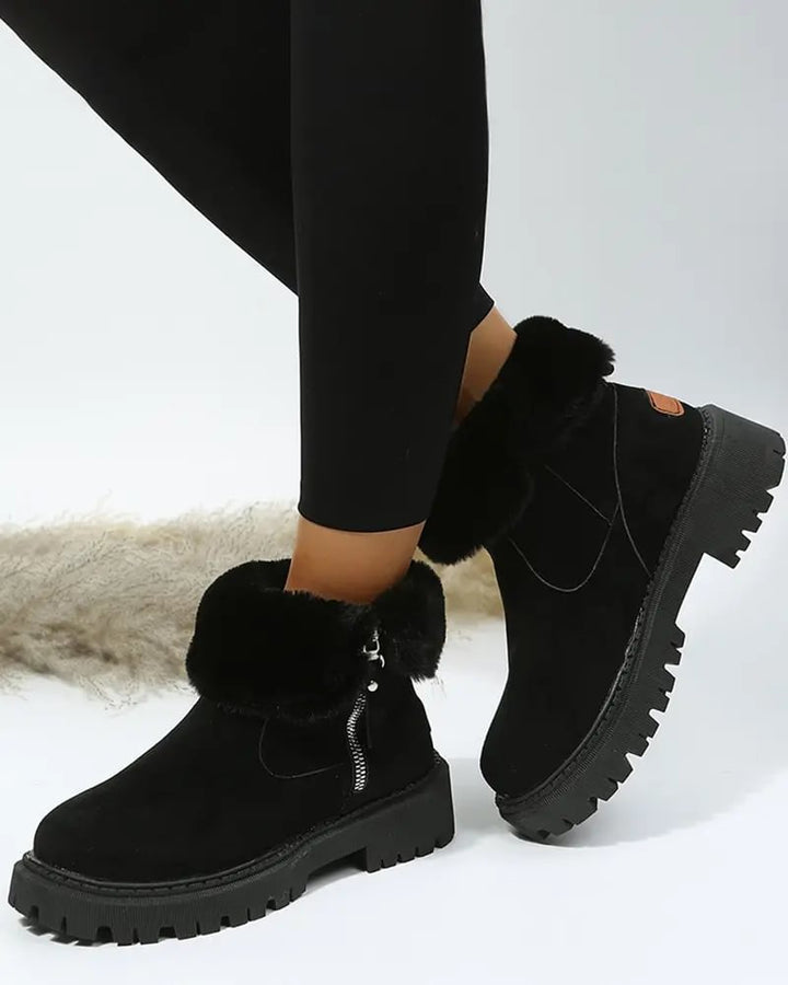 Black Ankle Boots for Women with Fleece Lining and Lug Sole