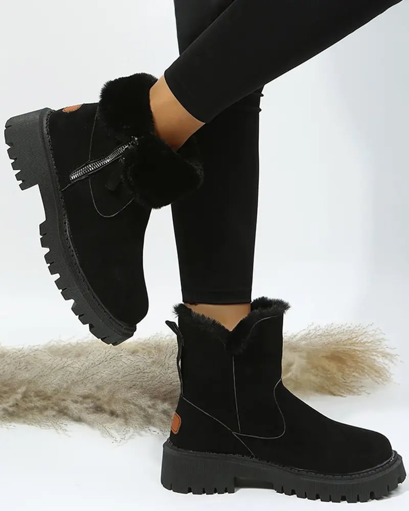 Black Ankle Boots for Women with Fleece Lining and Lug Sole