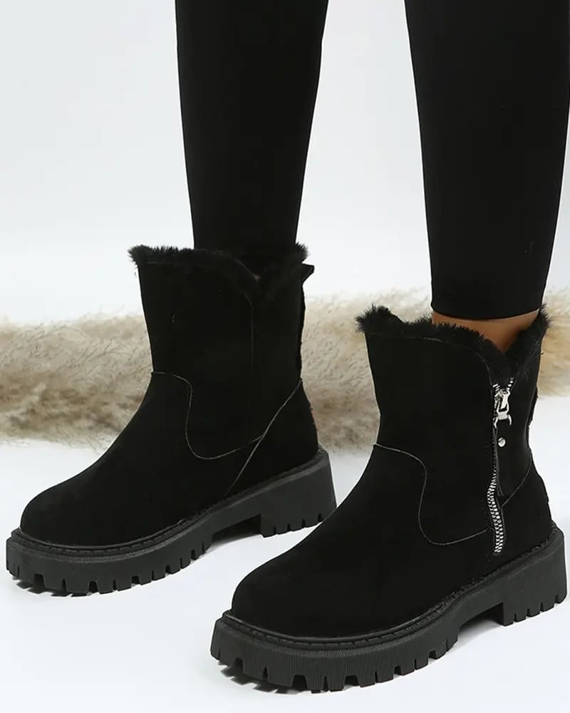 Black Ankle Boots for Women with Fleece Lining and Lug Sole