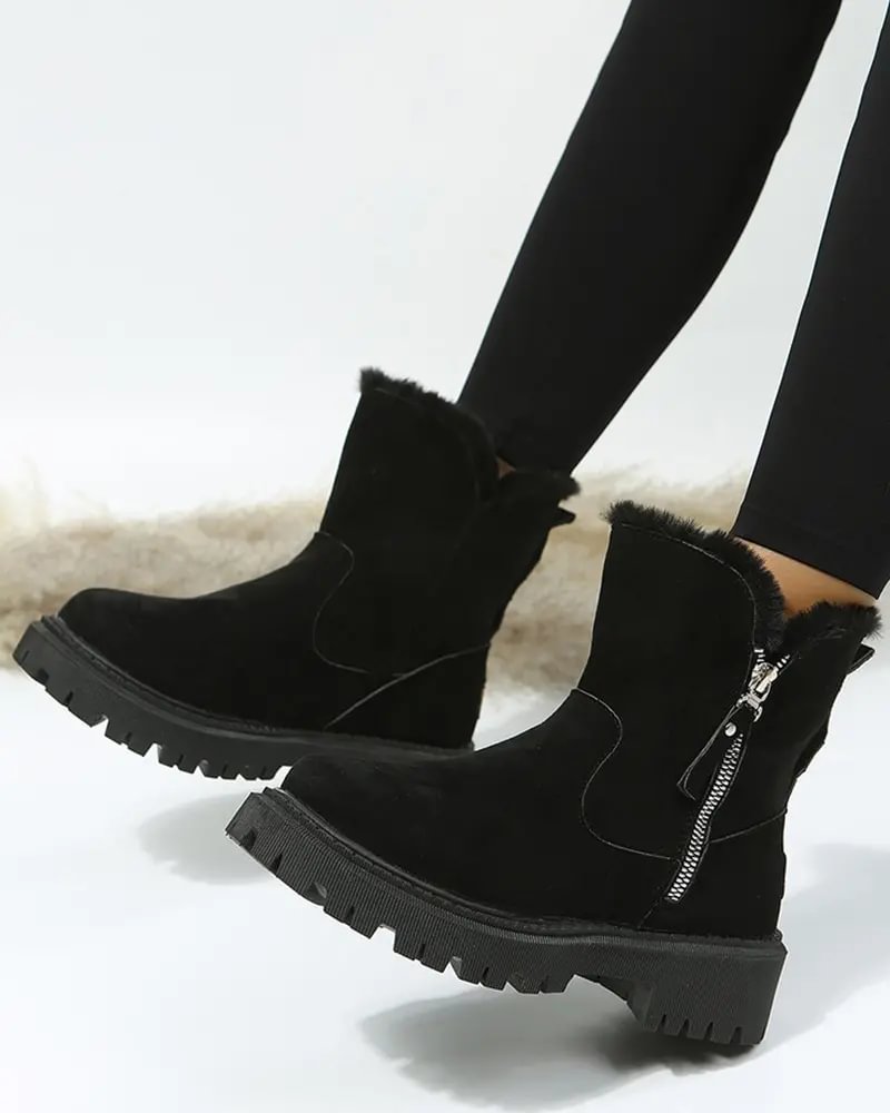 Black Ankle Boots for Women with Fleece Lining and Lug Sole