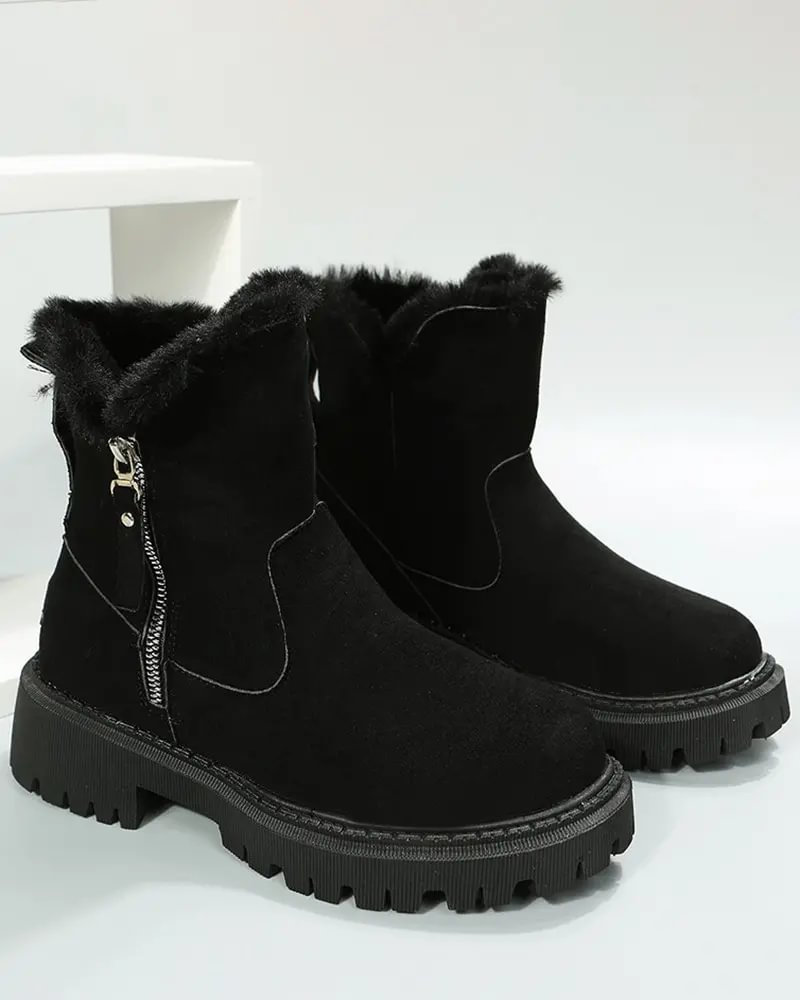Black Ankle Boots for Women with Fleece Lining and Lug Sole