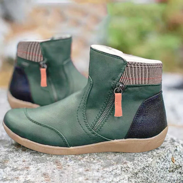 Waterproof Ankle Boots for Women with Side Zip and Plaid Trim