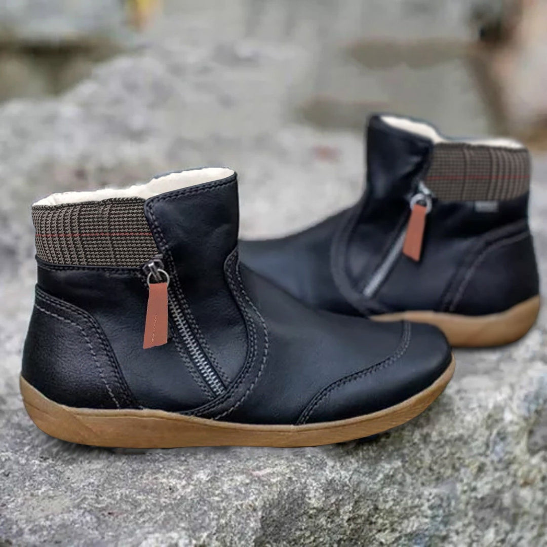 Waterproof Ankle Boots for Women with Side Zip and Plaid Trim