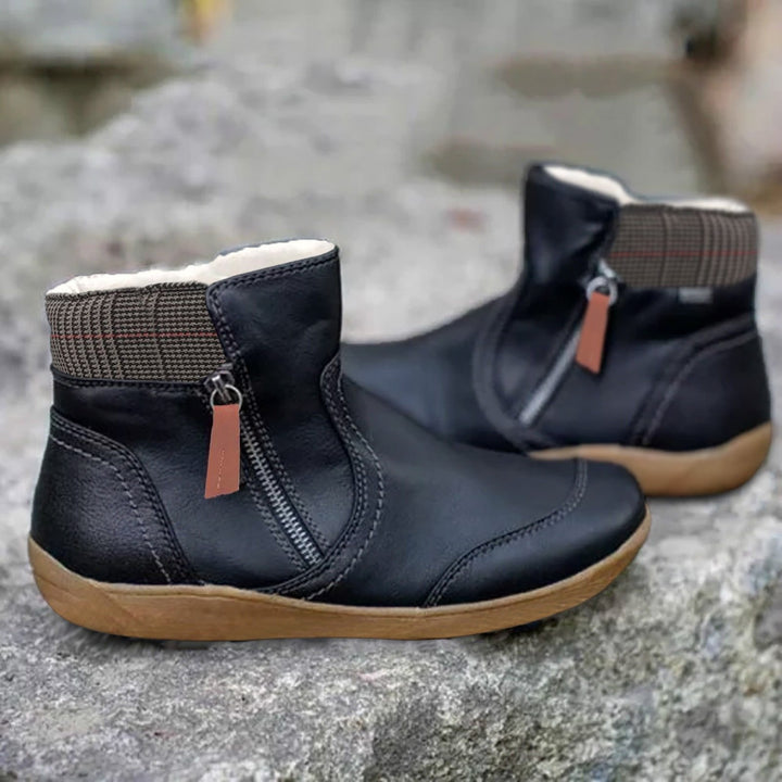 Waterproof Ankle Boots for Women with Side Zip and Plaid Trim