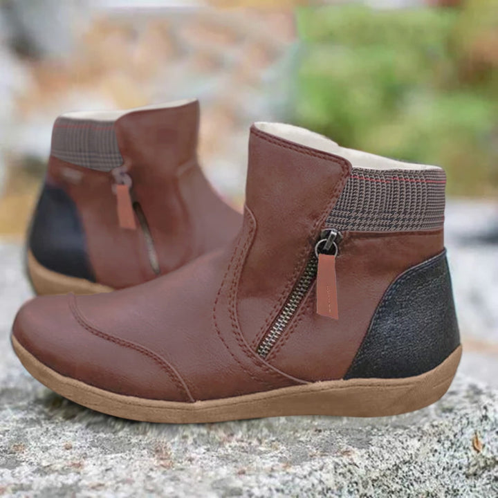 Waterproof Ankle Boots for Women with Side Zip and Plaid Trim