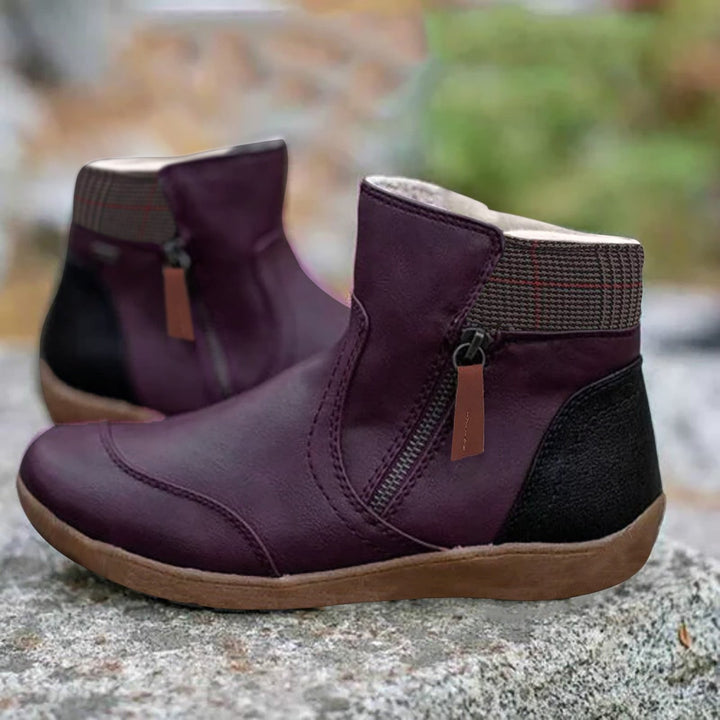 Waterproof Ankle Boots for Women with Side Zip and Plaid Trim