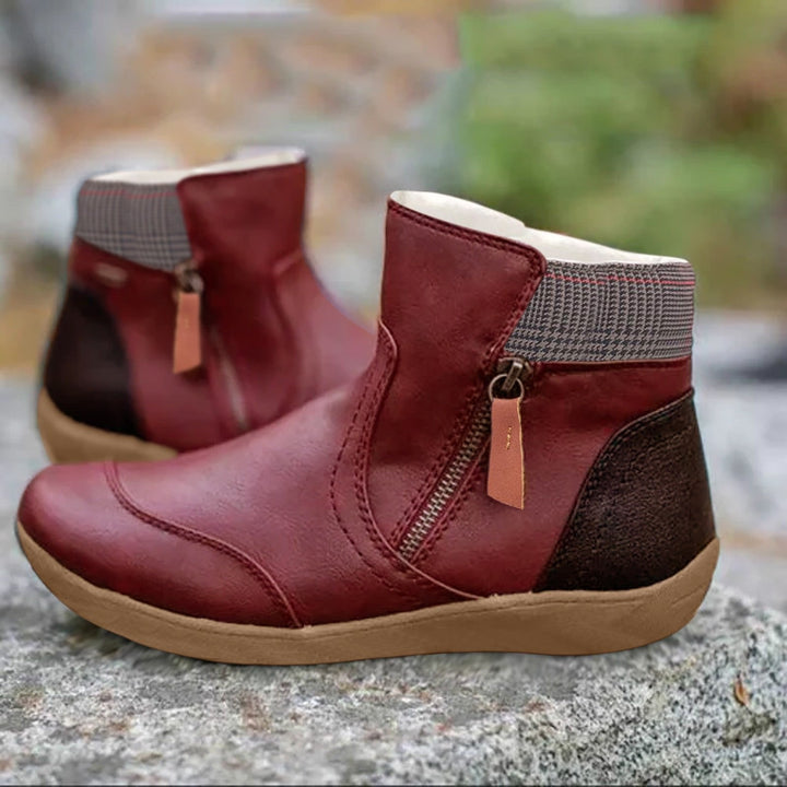 Waterproof Ankle Boots for Women with Side Zip and Plaid Trim