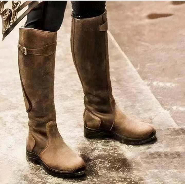 Knee High Leather Riding Boots for Women with Buckle Strap