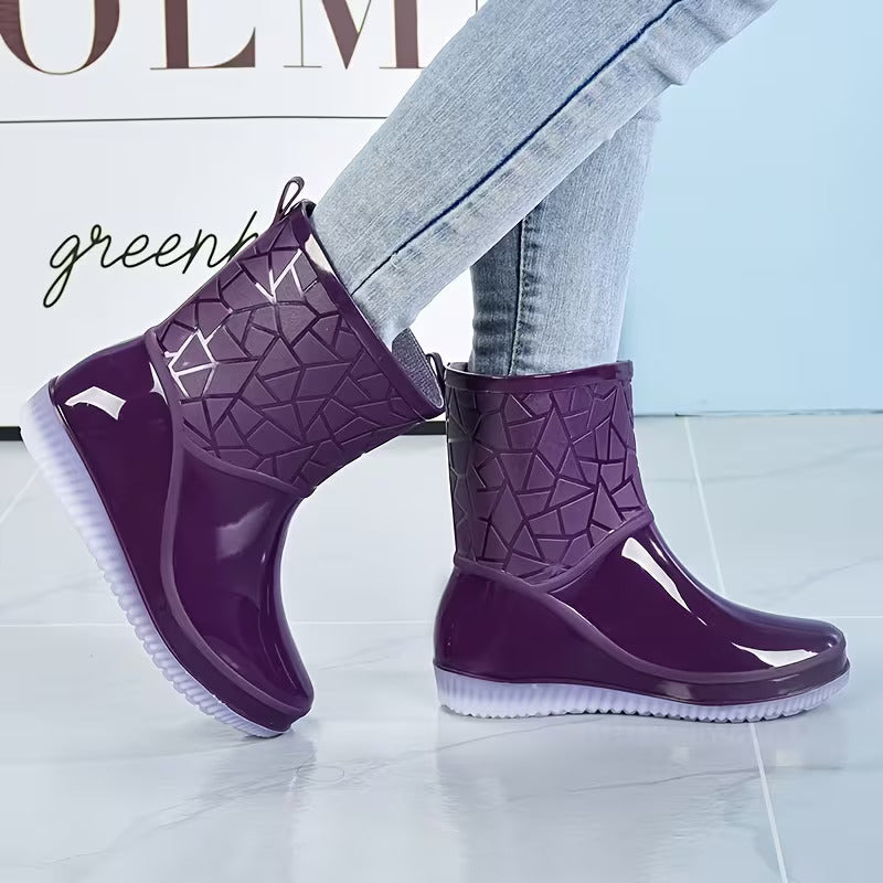 Mid Calf Rain Boots for Women Waterproof Textured Pull On