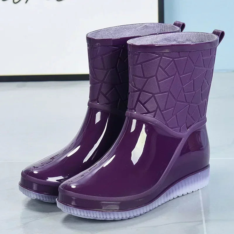 Mid Calf Rain Boots for Women Waterproof Textured Pull On