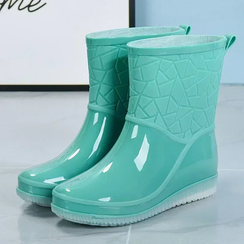 Mid Calf Rain Boots for Women Waterproof Textured Pull On