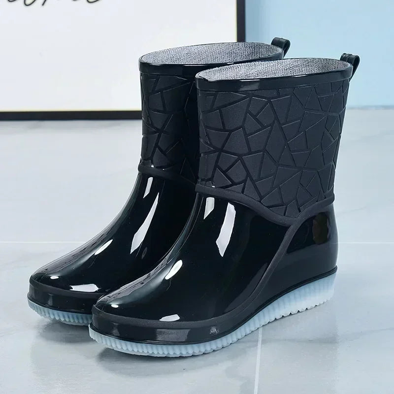 Mid Calf Rain Boots for Women Waterproof Textured Pull On
