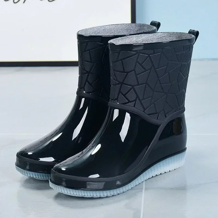 Mid Calf Rain Boots for Women Waterproof Textured Pull On