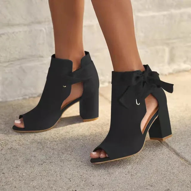 Peep Toe Ankle Boots for Women with Block Heel and Tie Detail