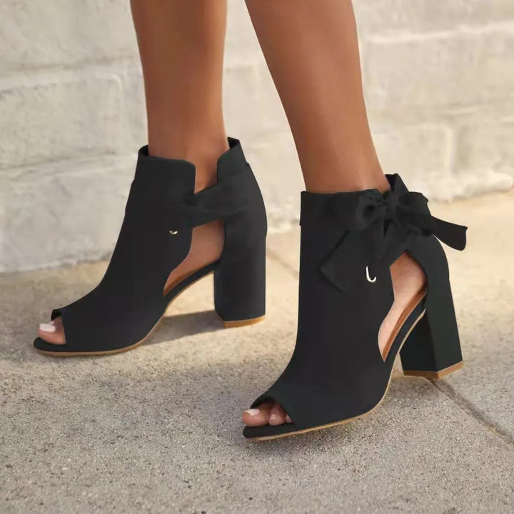 Peep Toe Ankle Boots for Women with Block Heel and Tie Detail